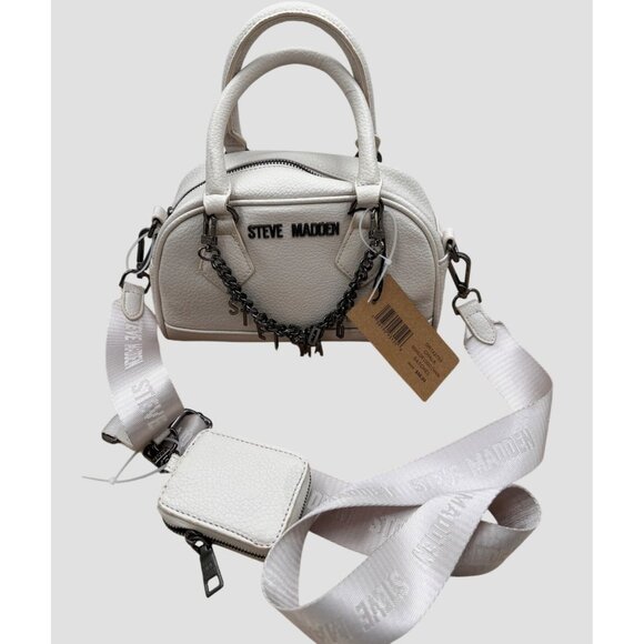 Steve Madden White Mini Barrel Satchel Bag With Chain Accent Adjustable Strap